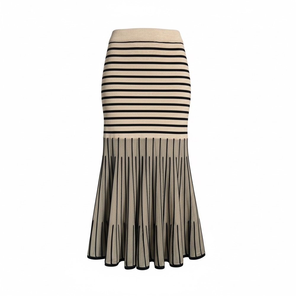 Striped Knit Maxi Skirt in Beige and Black